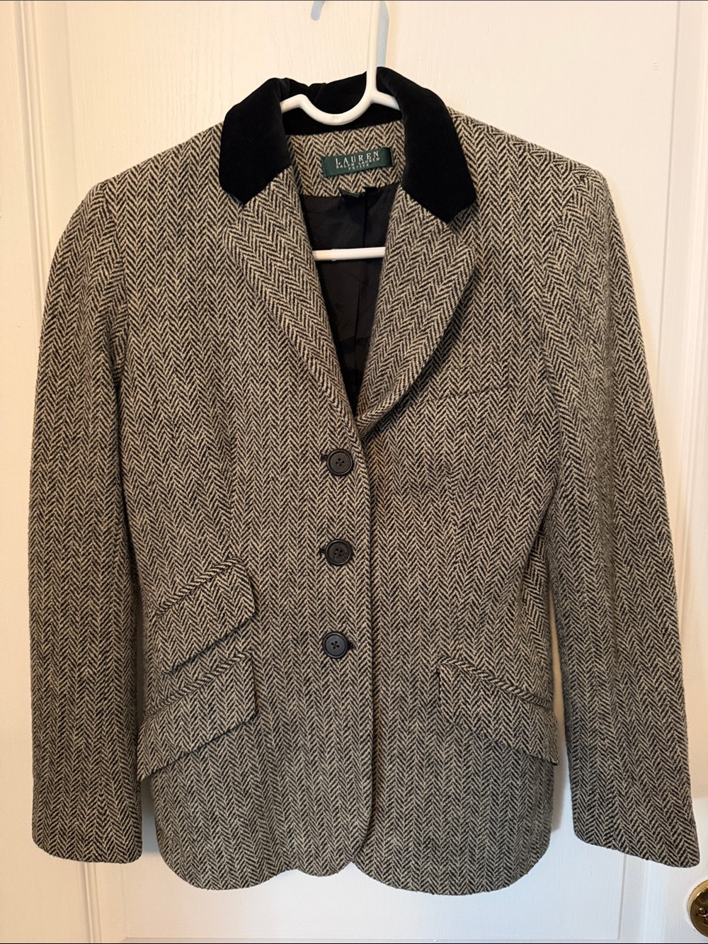 Lauren Ralph Lauren Black & Cream Herringbone Wool Blazer